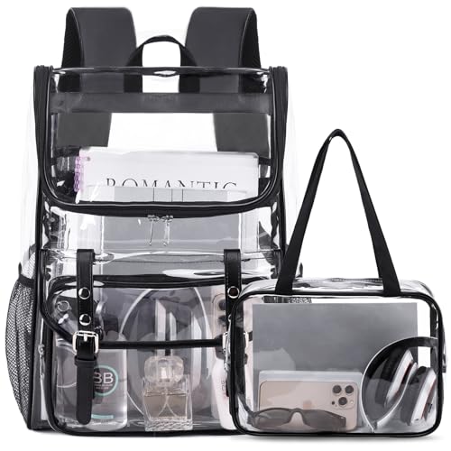 DIGOBAY Clear Backpack with Lunch Bag Set, Leather Clear Backpack Heavy Duty Thick PVC Bookbag Large See Through Transparent Backpacks with Support Pad for Women Men College Work Black - color: Black
