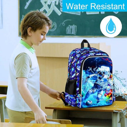 HPJGD 3PCS Boys Astronaut Bookbag, Water Resistant Kids School Bag Set with Lunch Box, Cool Backpack for Elementary Preschool Toddler - Soccer Astronaut - color: Cool Uv Printed Astronaut Soccer Blue