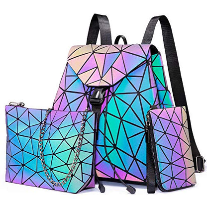 LOVEVOOK Geometric Luminous Purses and Handbags for Women Holographic Reflective Crossbody Bag Wallet - color: Backpack + Crossbody Bag + Wallet