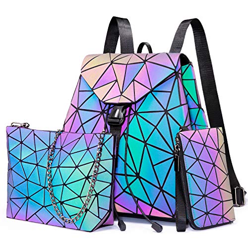 LOVEVOOK Geometric Luminous Purses and Handbags for Women Holographic Reflective Crossbody Bag Wallet - color: Backpack + Crossbody Bag + Wallet