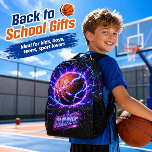Personalized Kids School Backpacks Boys Basketball Backpack with Name, 17 Inch Custom Sport Bookbag for Teens Youth Team Players - color: Purple