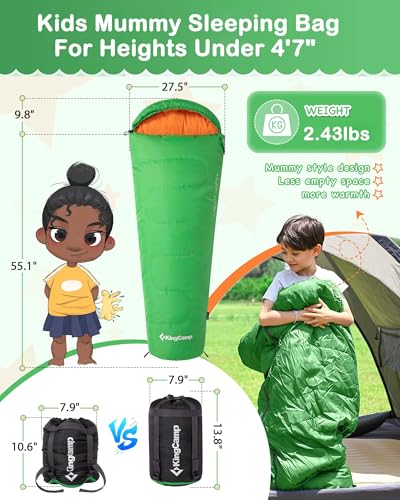 KingCamp 45°F Kids Sleeping Bag, Lightweight Waterproof & Compact Flannel Sleeping Bags Cold Weather & Warm Youth Essentials Gear Accessories for Camping, Fits 10-12 Children up to 4'7"-5'5" Tall - color: Mummy 8.6°F ~42.8°F Green