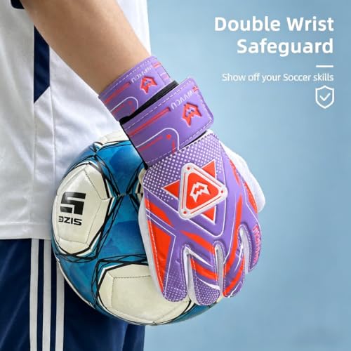 WVVOU Goalkeeper Gloves for Kids Youth, Soccer Goalie Gloves with Double Protection, Anti-Slip Soccer Gloves, Super Grip - color: Purple, size: 5