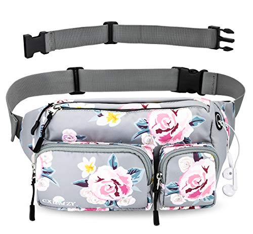 CXWMZY Fanny Packs For Women & Men, Waist Bag Hip Bum Bag Strap Extension Large Capacity Easy Carry Any Phone Passport Wallet for Outdoors Workout Traveling Casual Running Hiking Cycling Dog Walking - color: Gray Base Floral
