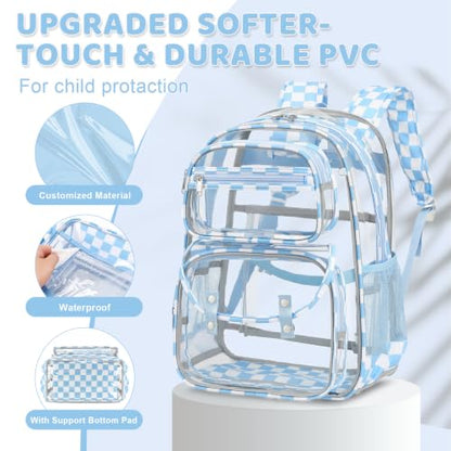ACESAK Clear Backpack for Girls - 3 Pcs Clear Backpack Heavy Duty with Lunch Bag - See Through Bookbag Stadium Approved for Kids Middle High College School(Blue Checkerboard) - color: Blue Checkerboard