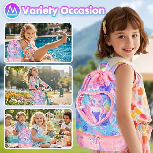 Drawstring Backpack for Kids Girls, Cute Cartoon Mermaid Waterproof Drawstring Bag String Swim Gym Sports Beach Bag with Shoes Compartment and Wet Proof Pocket - color: J07. Mermaid
