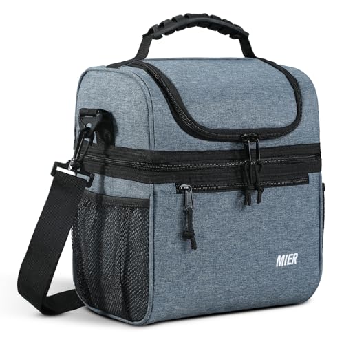 MIER Insulated Lunch Box Bags for Men Women, Dual Compartment, Bluesteel | Leakproof Lunchbox Cooler, Work, Travel, Park Trip, Side Mesh Pockets, Adjustable Shoulder Strap, Zipper Pockets, Durable - color: Bluesteel, size: Medium