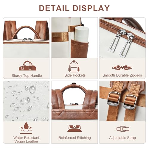 Shrrie Laptop Backpack for Women,Vegan Leather Backpack Work Computer Backpacks fits 16" Laptop,Water Resistant Teacher Nurse Casual Daypack for Weekender Camping Travel,Beige with Brown - color: Beige With Brown