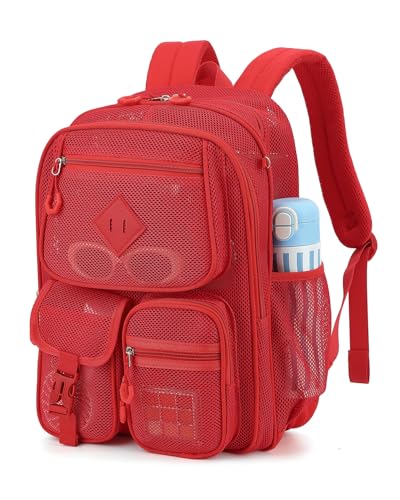 Mesh Backpack for Women Girls, Heavy Duty See Through College School Backpacks with Padded Shoulder Straps Large Capacity Bookbag for Beach Hiking Travel Swimming Outdoor Sports - Red - color: Red