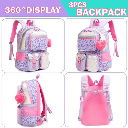 Meetbelify Aesthetic Backpack with Lunch Box for Elementary Students - Cute School Bag for Girls 8-10 - Purple - color: 3pcs Purple Love