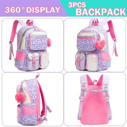 Meetbelify Aesthetic Backpack with Lunch Box for Elementary Students - Cute School Bag for Girls 8-10 - Purple - color: 3pcs Purple Love