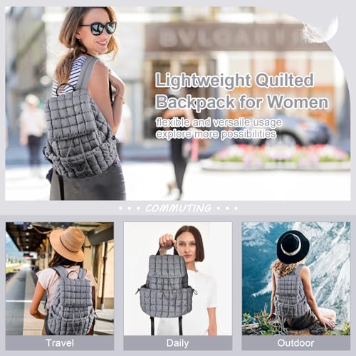 XSUIOY Quilted Backpack Purse for Women Small Lightweight Puffer Puffy College Laptop Backpack Nylon Casual Bookbag Daypack Top Flap Drawstring Padding Hiker Travel Gym Backpack(Grey) - color: Grey