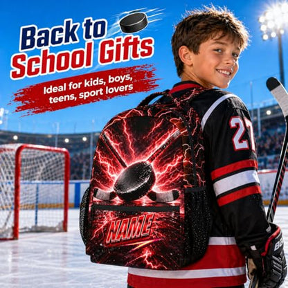 Custom Boys Backpack, Personalized Kids Hockey School Bag with Name - 17" Cool Ice Hockey Bookbag for Elementary Middle Students - color: Red