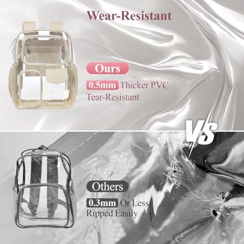 PACKISM Clear Backpack for School - 17 inch Large Heavy Duty Bookbag, Reinforced See Through PVC Transparent Backpack - color: Pu Straps Khaki 3 Pockets, style: Daypack Backpacks