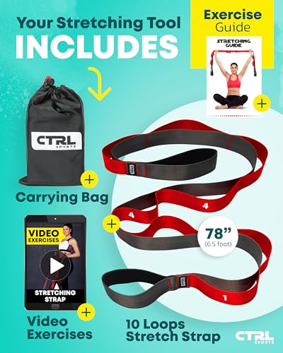 Stretching Strap with Loops - Non Elastic Stretch Band for Physical Therapy, Yoga Strap for Stretching Equipment, Stretch Bands for Exercise and Flexibility - Fascia, Hamstring & Leg Stretcher Belt - style: 10 Loops - Red
