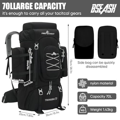 Bseash 70L (65+5) Waterproof Hiking Camping Backpack with Rain Cover, Outdoor Sport Travel Daypack for Climbing Touring (Black) - color: Black