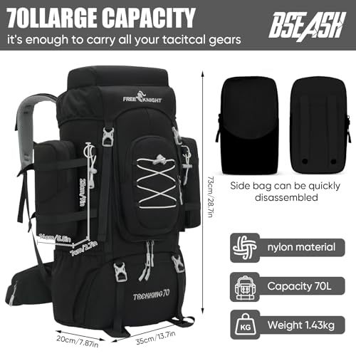 Bseash 70L (65+5) Waterproof Hiking Camping Backpack with Rain Cover, Outdoor Sport Travel Daypack for Climbing Touring (Black) - color: Black