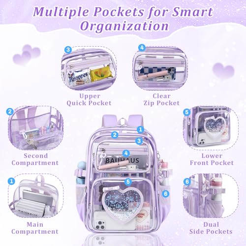Clear Backpack for School Girls, Cute Heavy Duty PVC Transparent Bookbag, See-Through Bag for Stadium Event Purple - color: Purple