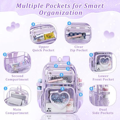 Clear Backpack for School Girls, Cute Heavy Duty PVC Transparent Bookbag, See-Through Bag for Stadium Event Purple - color: Purple