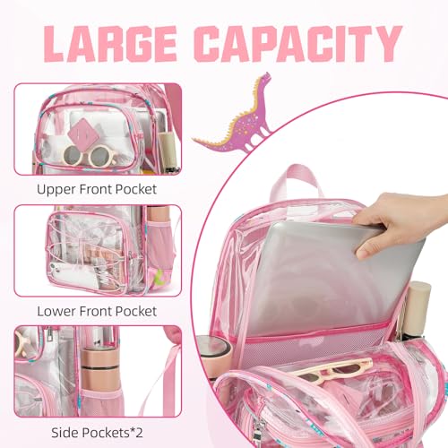 Clear Backpacks for Girls Women, Heavy Duty PVC Transparent Back Pack See Through Boys Kids Clear Bookbags for School Dinosaur Pink - color: Dinosaur Pink