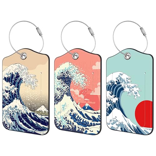3 Pack PU Leather Luggage Tag for Suitcase Japanese Ocean Wave Suitcase Tags with Privacy Name ID Label and Stainless Steel Loop for Travel Bag - color: Japanese Ocean Wave