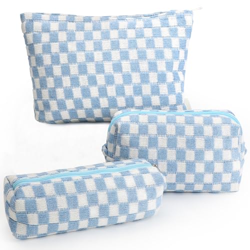 3 Pcs Makeup Bag Cosmetic Bag Set for Girls Women Checkered Travel Organizer Bathroom Toiletry Pouch Large Capacity Storage Bag (Blue-White) - color: Blue-White