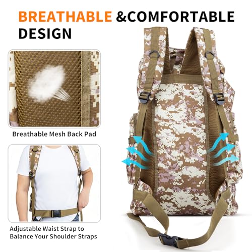 Hiking Backpack Tactical Backpack for Men Women, 80L Military Backpack Rucksack Waterproof Large Travel Camping Backpack for Men, Molle Rucksack Outdoor Travel Cycling Daypack (Desert Camo) - color: Desert Camo