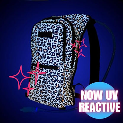Kandies World Reflective Festival Hydration Pack - 2L Hydropack for Raves, Hiking, Biking, Running, and More (with Anti-Theft Pocket) - style: Cheetah