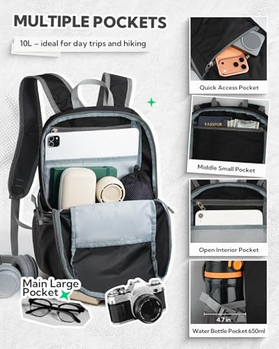 WATERFLY Small Lightweight Packable Backpack: 10L Mini Ultra Light Foldable Travel Sport Cycling Daypack with Breathable Shoulder Strap Outdoor Hiking Walking Day Pack for Women Men - color: Black