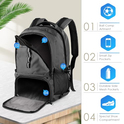 BROTOU Soccer Backpack Sports Bag with Ball Holder and Shoe Compartment for Football Basketball Volleyball Rugby - color: Dark Grey