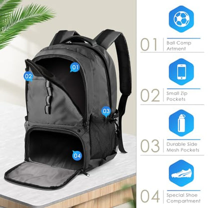 BROTOU Soccer Backpack Sports Bag with Ball Holder and Shoe Compartment for Football Basketball Volleyball Rugby - color: Dark Grey