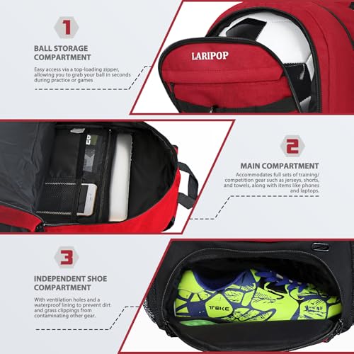 LARIPOP Soccer Backpack with Ball Holder & Shoe Compartment Large Capacity Sports Bag for Training - color: Dark red