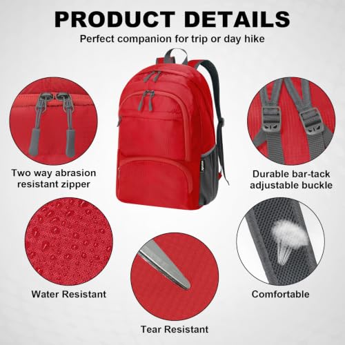 HOLYLUCK 20L lightweight packable Hiking Daypack Foldable Backpack for Men Women Small Travel Outdoor Foldable Shoulder Bag - color: Red