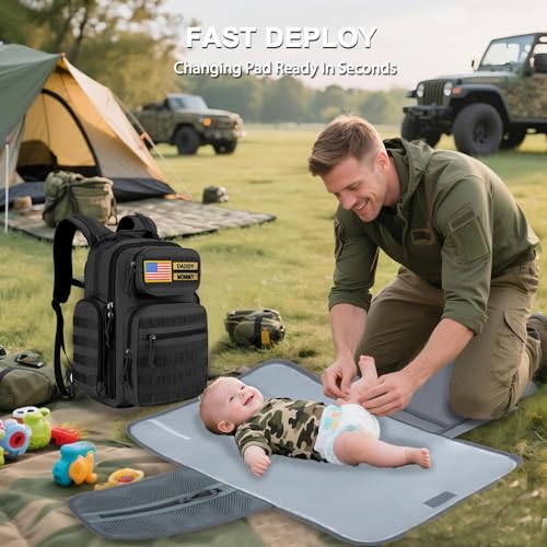 MIRACOL Outdoor Military Diaper Bag: Tactical Style Baby Backpack with Insulated Pockets & Changing Pad - Hiking Camping Essentials for Active Dads - color: Black W/ Changing Mat
