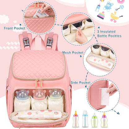 Weitars Diaper Bag Backpack Large Baby Diaper Bag with Changing Pad Travel Diaper Backpack,Baby Bag for Boys Girls,Stroller Straps,5 Insulated Pockets (Pink) - color: Pink