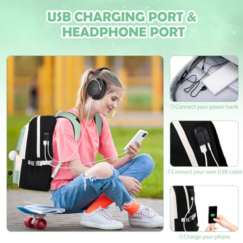 ACESAK Backpacks for Girls, Girls Backpack with Lunch Box and Pencil Case for Teen Kids Elementary Middle High School College Student, Children Backpack Bookbag with USB Charging Port (Peas Green) - color: Black With Pea Green Accent