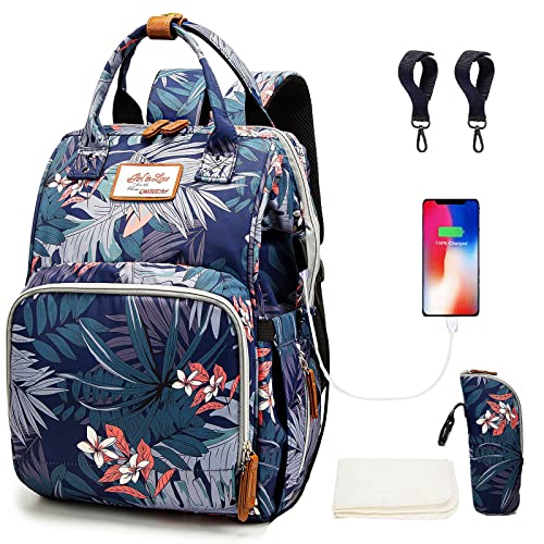 Floral Diaper Bag Backpack with USB Charging Port Stroller Straps and Insulated Pocket,Travel Nappy BackpackFor Women/Mum (Flower Pattern) - color: Floral Blue