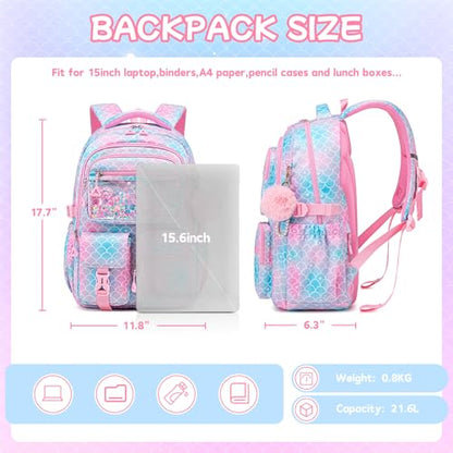 Girls Backpack,School Bag for Kids,Primary,Elementary,teen ages 6-15 Girls Bookbag,Students Kawaii Backpack Pink mermaid - color: Pink Mermaid