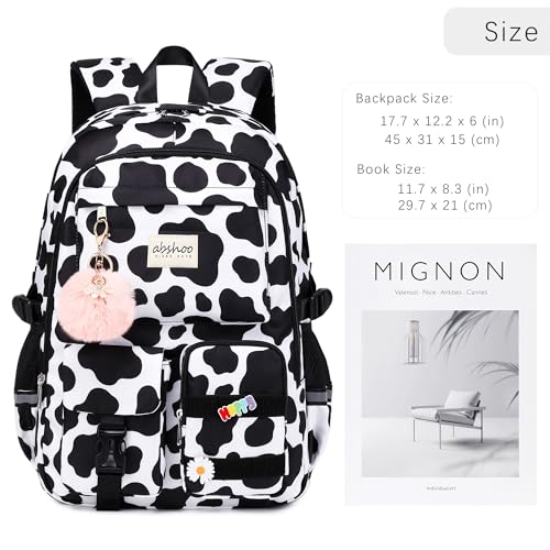abshoo Big Student Laptop Backpack For College Women Middle High School Teen Girls Bookbag Travel Daypack (Cow Print Black) - color: Cow Print Black