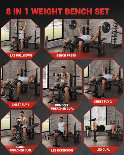 GarveeTech 8-in-1 Weight Bench Set for Home Gym, Foldable Workout Benchs with Preacher Curl Pad, LAT Pulldown and Leg Extension Leg Curl, Bench Press for Full Body Exercise