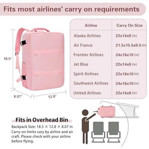 Carry On Backpack for Women & Men – Airline Approved Underseat Size, 15.6" Laptop Compartment, TSA-Friendly 180° Opening, Anti-Theft Business Travel Backpack with Trolley Sleeve (Pink, Large) - color: Pink, size: Large