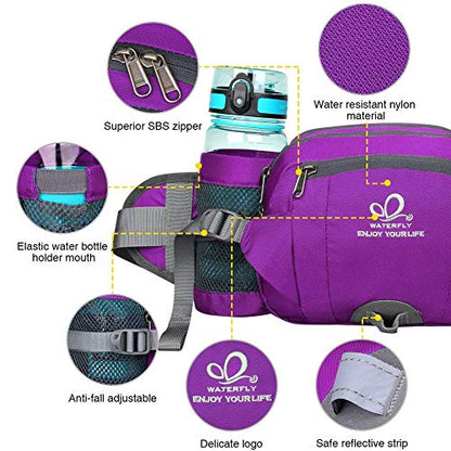WATERFLY Fanny Pack Waist Bag: Fannie Pack 2 Water Bottle Holders Lumbar Belt Hiking Walking Running Jogging Camping Large Woman Man (Bottle Not Included) - color: Purple