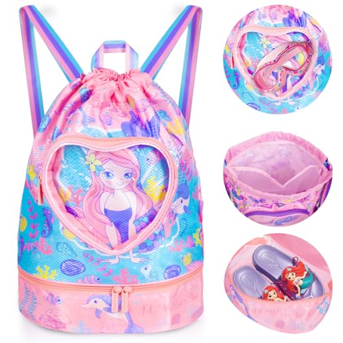 Drawstring Backpack for Kids Girls, Cute Cartoon Mermaid Waterproof Drawstring Bag String Swim Gym Sports Beach Bag with Shoes Compartment and Wet Proof Pocket - color: J07. Mermaid
