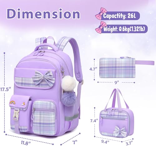 Alrisg Girls School Backpack Preppy Plaid Bookbag Lightweight Backpack for Girls Elementary Middle School Bow Purple Set - color: Purple, size: 17in Set