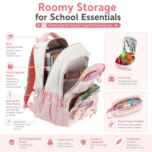 CAMTOP Girls Backpack with Lunch Box & Pencil Case Set, School Backpack for Girls with Large Water Bottle Holder Straps, Waterproof Kids Backpack, Cute Bookbag for Elementary School & Travel - color: Pink White