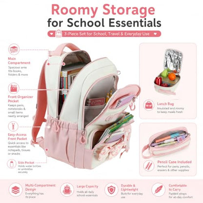 CAMTOP Girls Backpack with Lunch Box & Pencil Case Set, School Backpack for Girls with Large Water Bottle Holder Straps, Waterproof Kids Backpack, Cute Bookbag for Elementary School & Travel - color: Pink White