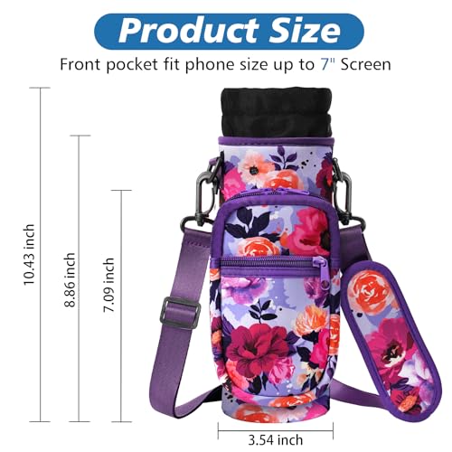 AceTreker 32 40 oz Water Bottle Carrier with Strap, Neoprene Water Bottle Sleeve Bag with 2 Pockets Insulated Flask Sling Holder for Walking Hiking Gym - color: A6. Purple Flower