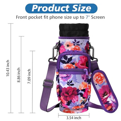 AceTreker 32 40 oz Water Bottle Carrier with Strap, Neoprene Water Bottle Sleeve Bag with 2 Pockets Insulated Flask Sling Holder for Walking Hiking Gym - color: A6. Purple Flower