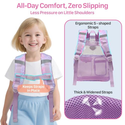 Bagseri Clear Backpack for Girls, 15 Inch Heavy Duty Kids Transparent Bookbag for School Kindergarten to 2nd Grade, Fits 12.5 Inch Folders, High Visibility Reflective Strips, Purple Mermaid - color: 1pcs, A-purple Mermaid, style: Backpack
