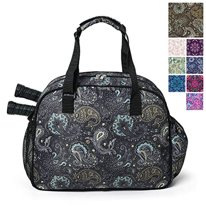 Boulder Bee Pickleball Bags, Premium Pickleball Tote Bag for Girls, Women’s Hand/Shoulder Gym Bag w Water Bottle Holder, with Pickleball Racquet/Paddle Holder - color: Brown cashew flower